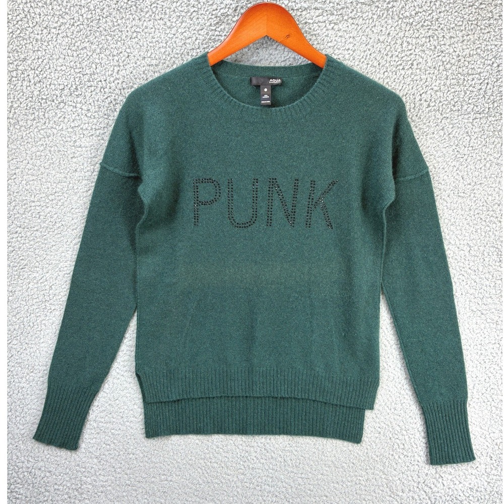 Aqua Cashmere Punk Rhinestone Crewneck Sweater Womens S Green Graphic Cozy Knit